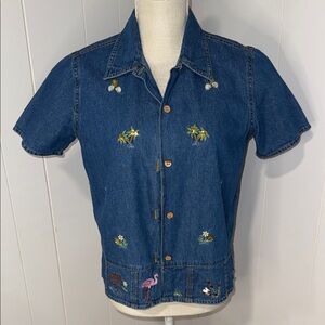 Embroidered Denim Short Sleeve Blouse